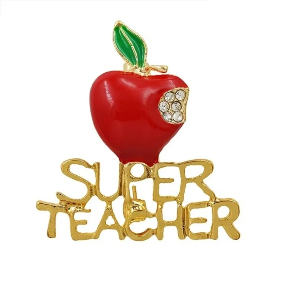 Red Gold SUPER TEACHER Crystal Apple Brooch Pin